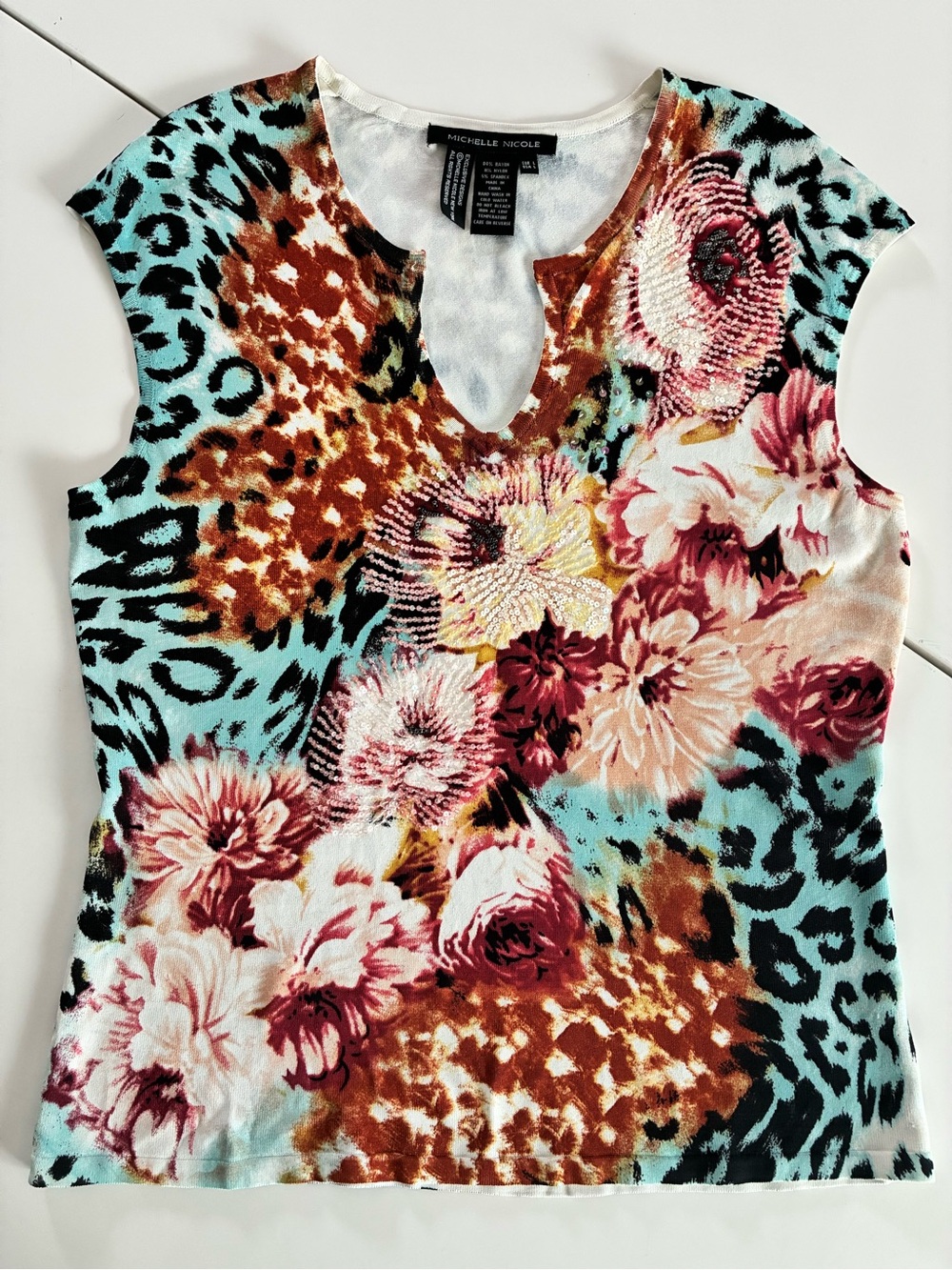 MICHELLE NICOLE RAYON NYLON SPANDEX FLORAL ANIMAL PRINT SEQUINED SLEEVELESS TOP